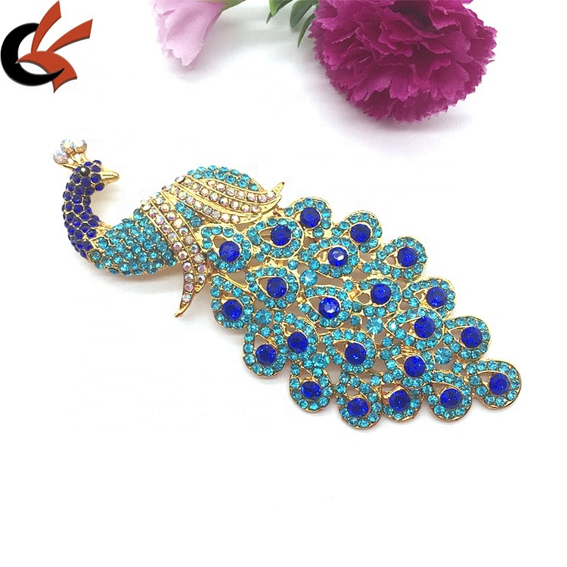 Customize metal peacock feather blue lake hijab luxury accessory rhinestone brooch for DIY hat and dress