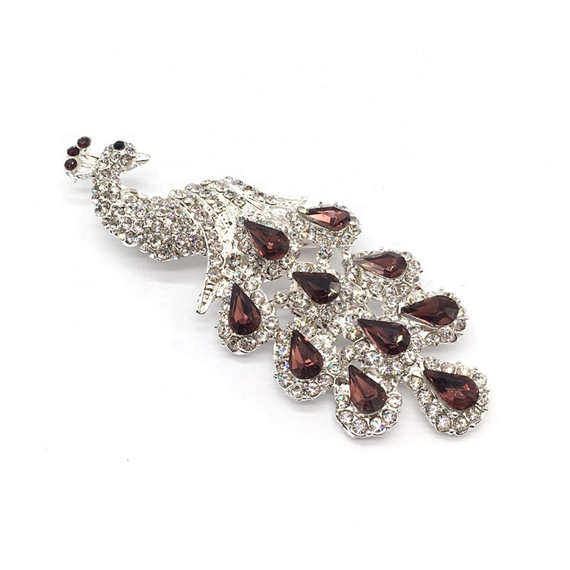 Wholesale New Style Peacock Shape Design Brown Foiled Back Brooch Pin For Garment Rhinestone Broach