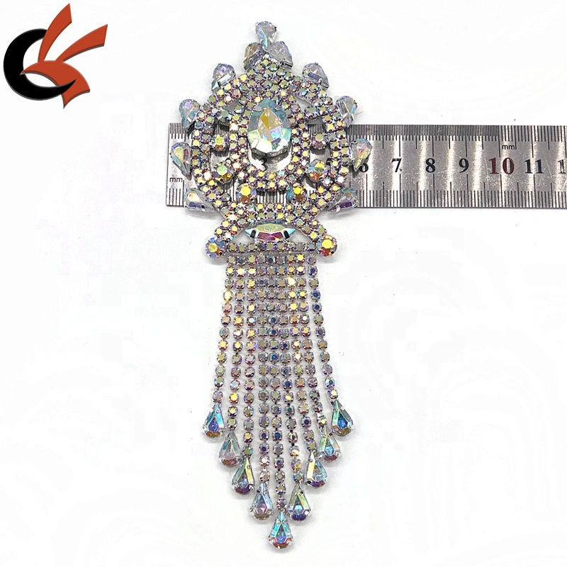 Shining silver base AB clear crystal sewing rhinestone tassel appliques