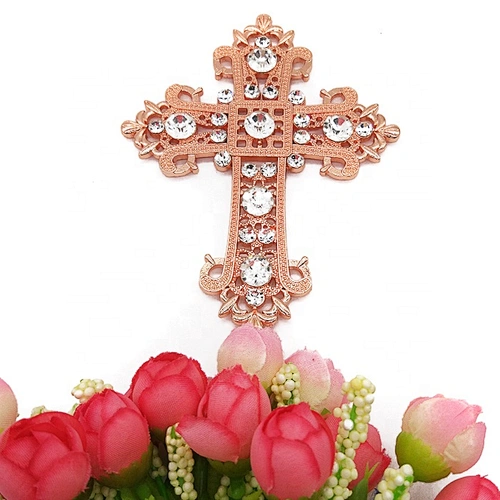 Wholesale Rose Gold Cross Rhinestone Cake Topper For Religious Baptism Christening Cake Decoration