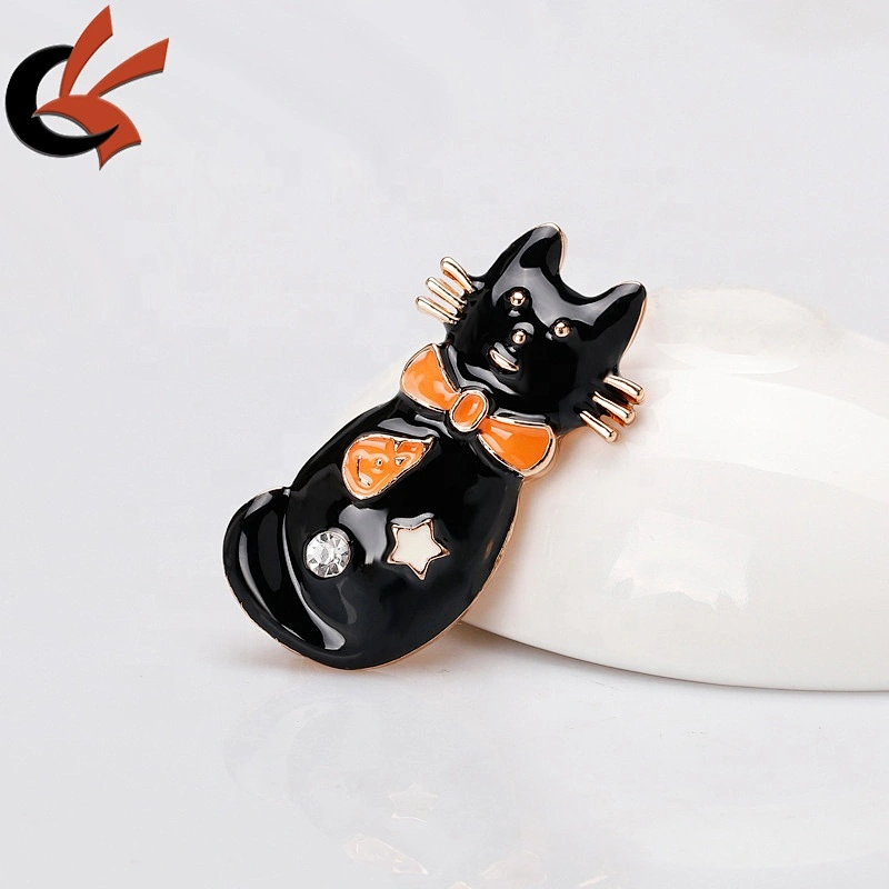 Funny halloween lovely black cat enamel brooch with clear crystal rhinestone decoration