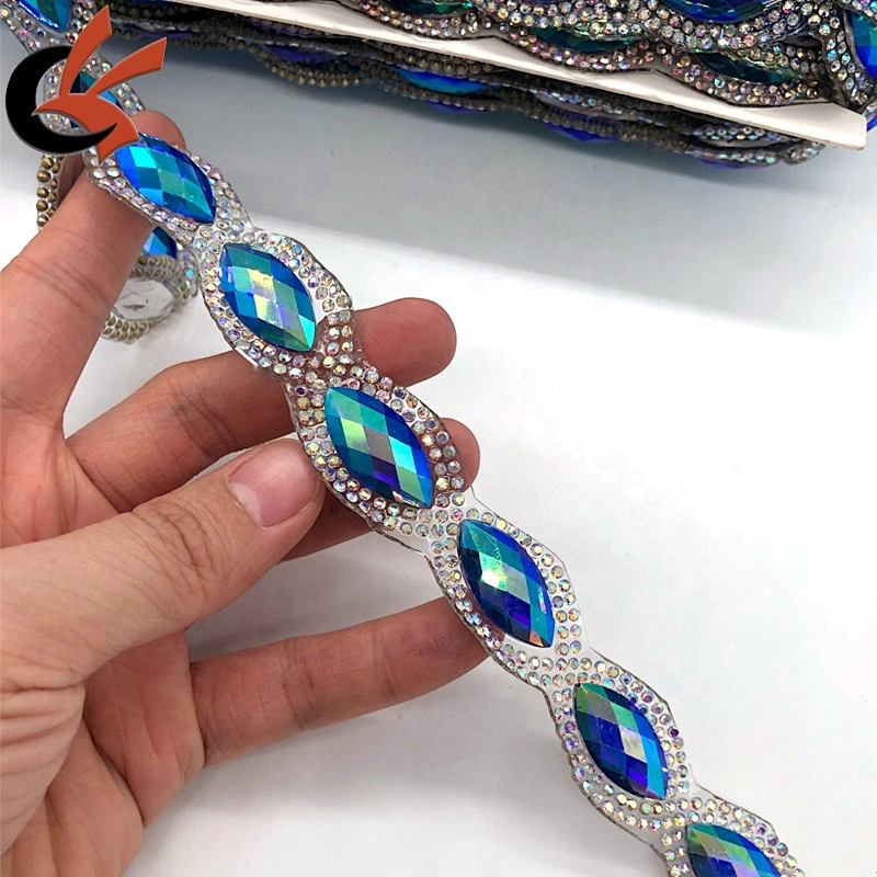 Newest AB colors crystal fancy iron on hot fix tape trimming for dress decoration