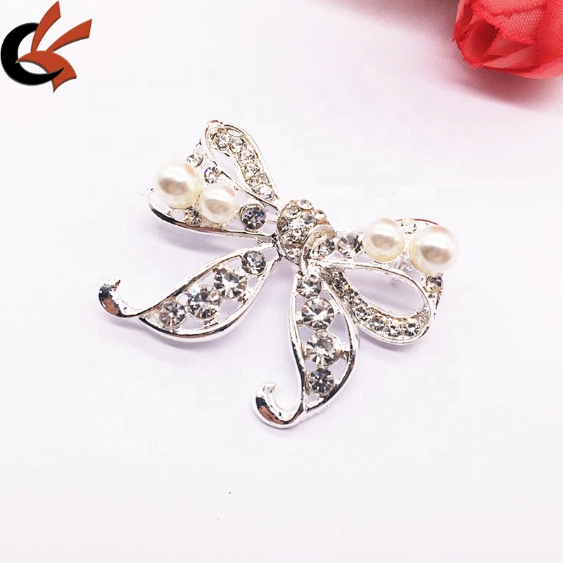 Women fashion brand crystal brooches Chinese bow shaped rhinestone pearl silver brooch pin