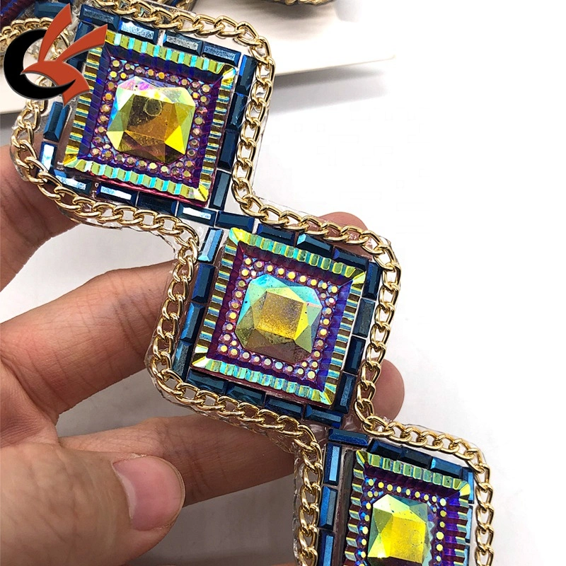 Factory direct sales New arrival metal chain resin rhinestone fancy hot fix tape trimming