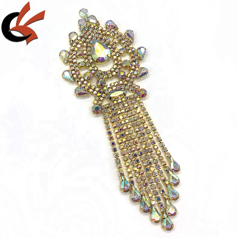 Newest gold base AB clear crystal rhinestone tassel appliques sew on garment Jewelry accessories