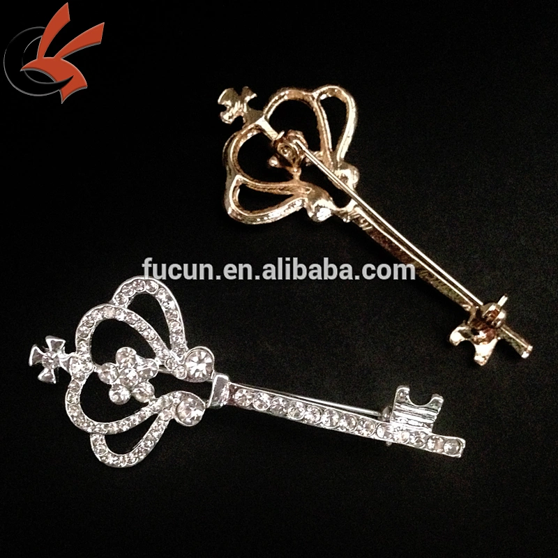 Silver Gold Rhinestone Crystal Key Brooch Pins