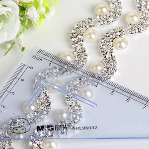 hot sell crystal pearl rhinestone metal chain trim for bridal dress decoration