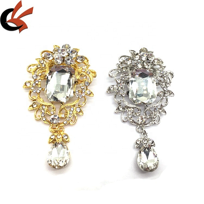 Fancy vintage metal flower hanging brooch crystals muslim women hijab brooch pin