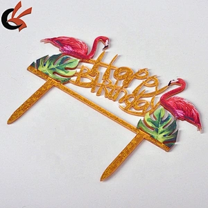 New Arrival Color Printing Flamingo Happy Birthday Acrylic Cake Topper