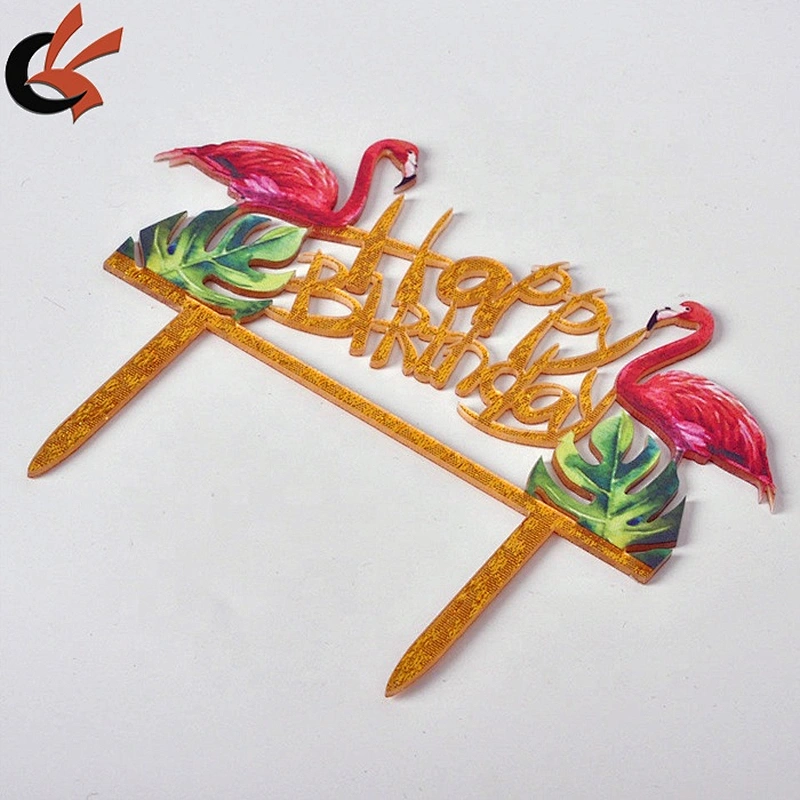 New Arrival Color Printing Flamingo Happy Birthday Acrylic Cake Topper