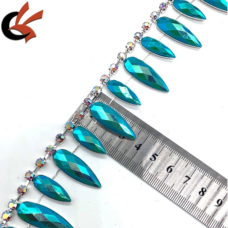 Hot sale costume decoration Turquoise blue AB coating resin rhinestone tassel chain trimming