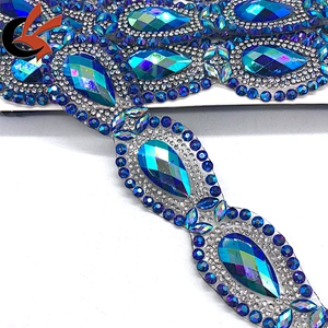 Carnival dress decoration blue AB teardrop shape iron on fancy rhinestone trims