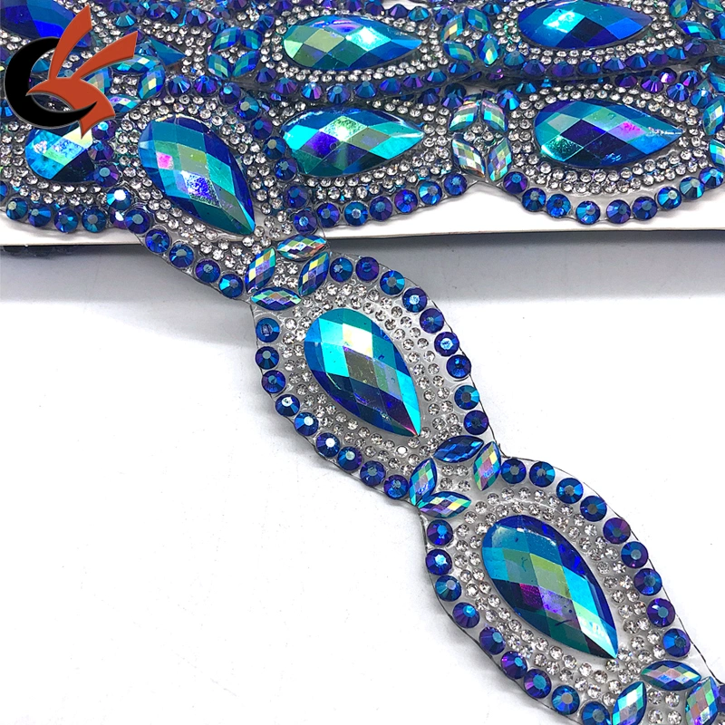 Carnival dress decoration blue AB teardrop shape iron on fancy rhinestone trims