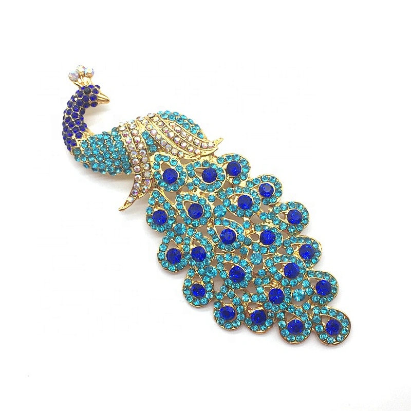 Customize metal peacock feather blue lake hijab luxury accessory rhinestone brooch for DIY hat and dress