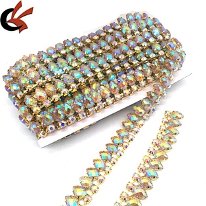 Sparking Wholesale Fringe Teardrop Resin Gold AB Glitter Crystal Rhinestone Chain Trim For Dress