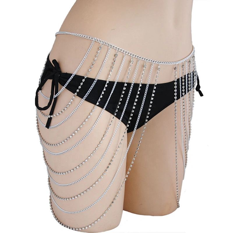 Jewelry eye-catching style gold and silver rhinestone strass sexy belly ring multi layer hip body chain