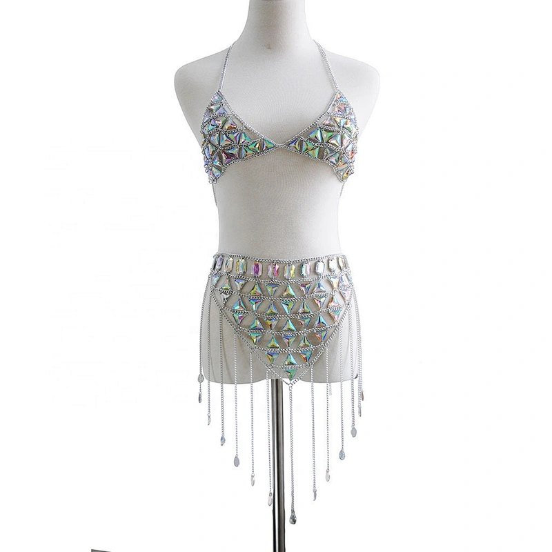 Sexy Luxury AB Gemstone Bikini Skirt Top Bra Chain Body Jewelry Body Chain Dress For Women Girls