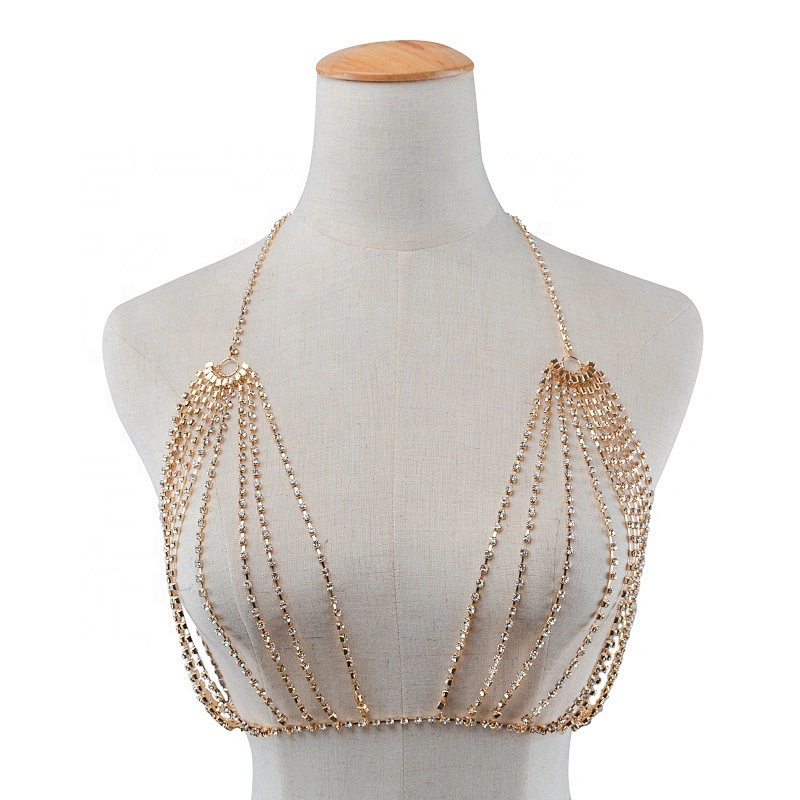 Latest Trends High Fashion Summer Beach Bikini Chain Party Harness Rhinestone Bra Body Chain