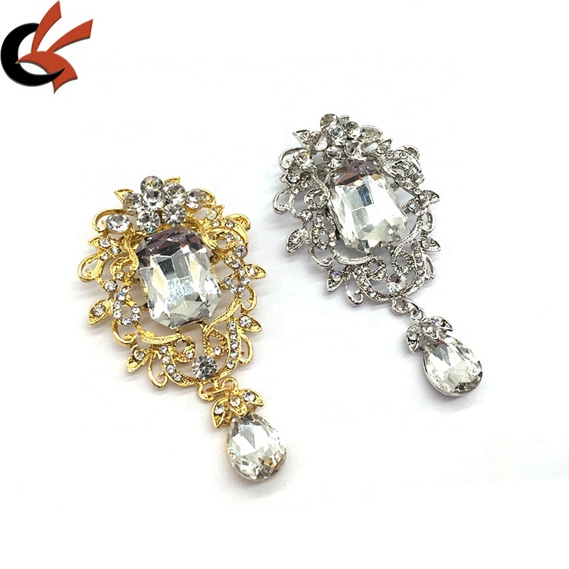 Fancy vintage metal flower hanging brooch crystals muslim women hijab brooch pin