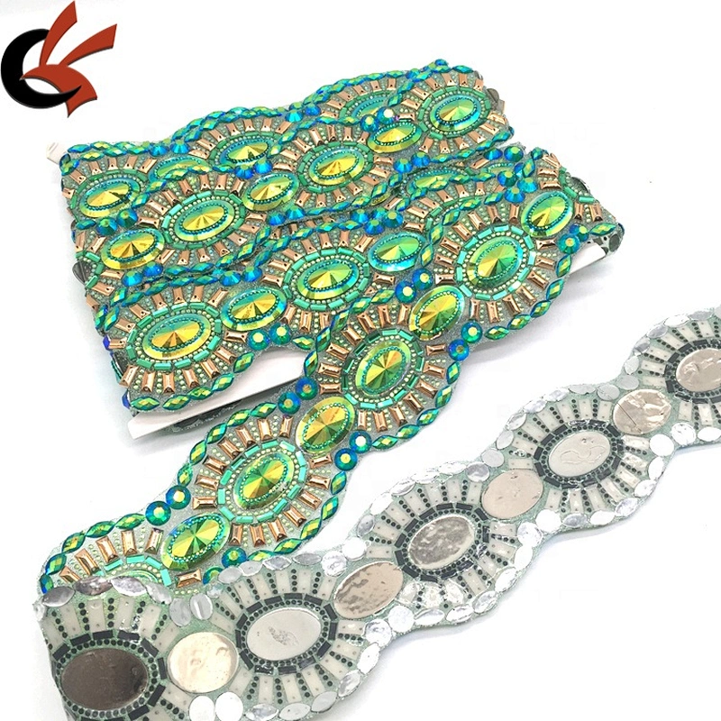 Making Indian Clothing Hot Selling Shiny Green Pattern Crystal Resin AB Hot Fix Chain Trims Banding