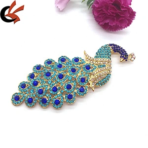 Customize metal peacock feather blue lake hijab luxury accessory rhinestone brooch for DIY hat and dress