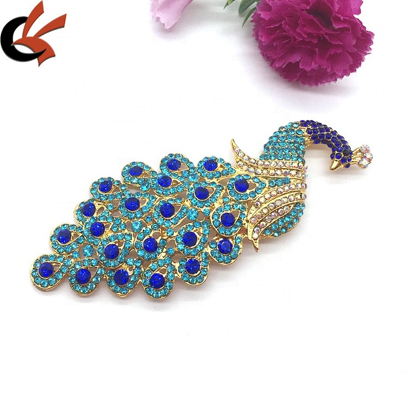 Customize metal peacock feather blue lake hijab luxury accessory rhinestone brooch for DIY hat and dress