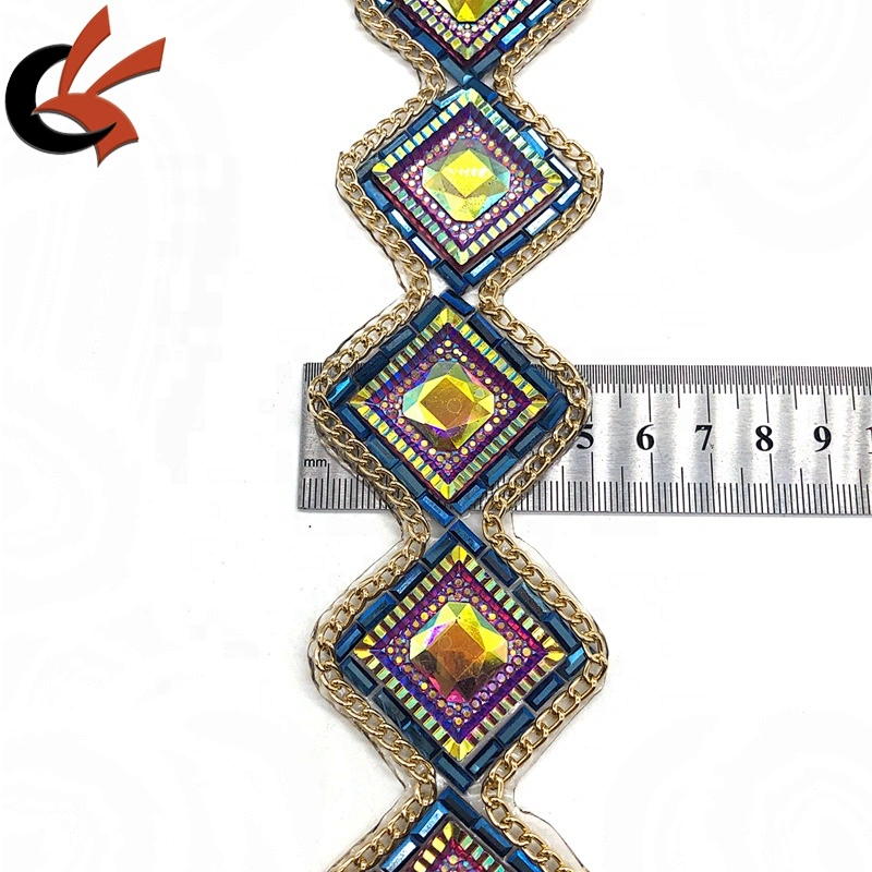 Factory direct sales New arrival metal chain resin rhinestone fancy hot fix tape trimming