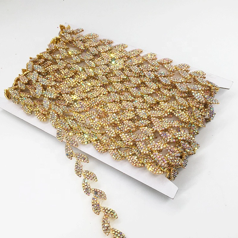 Sparkling Crystal Gold Colours With AB Stones Leaf Shaped Rhinestone Banding Chain Trim