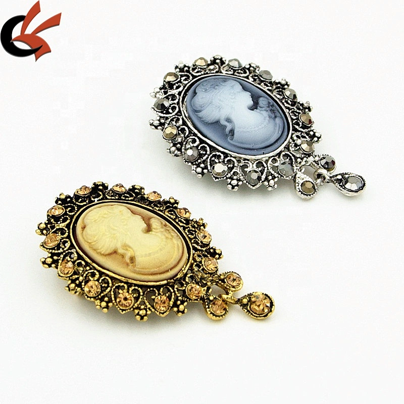 Hot Selling Vintage Beauty Head Brooch Collar Pin Queen Victoria Avatar Rhinestone Cameo Brooch Pin