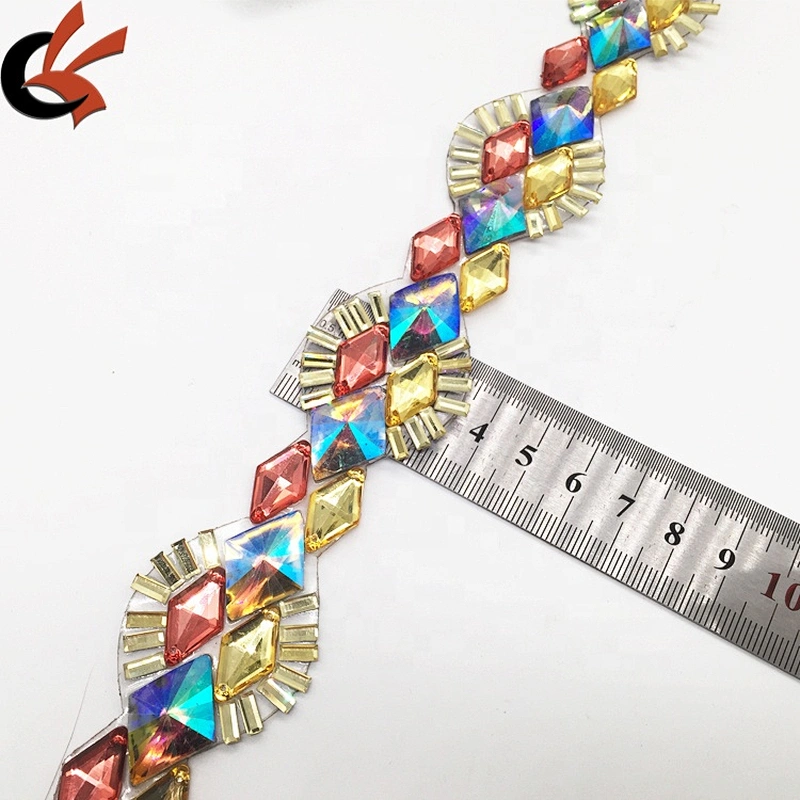 Hot Sale Women Dancing Dress Decoration Colorful Gemstone Flashing Hot Fix Rhinestone Motif Trimming Chain