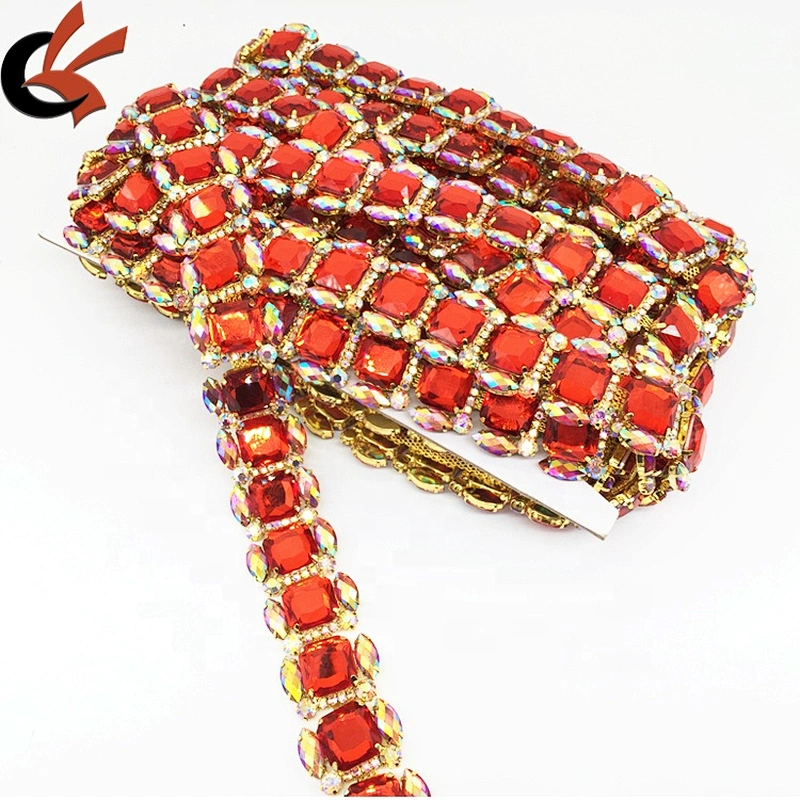 Crystal Rhinestone Gold Setting Red Beads Bridal Trim Square Stones Rhinestone Chain Trims