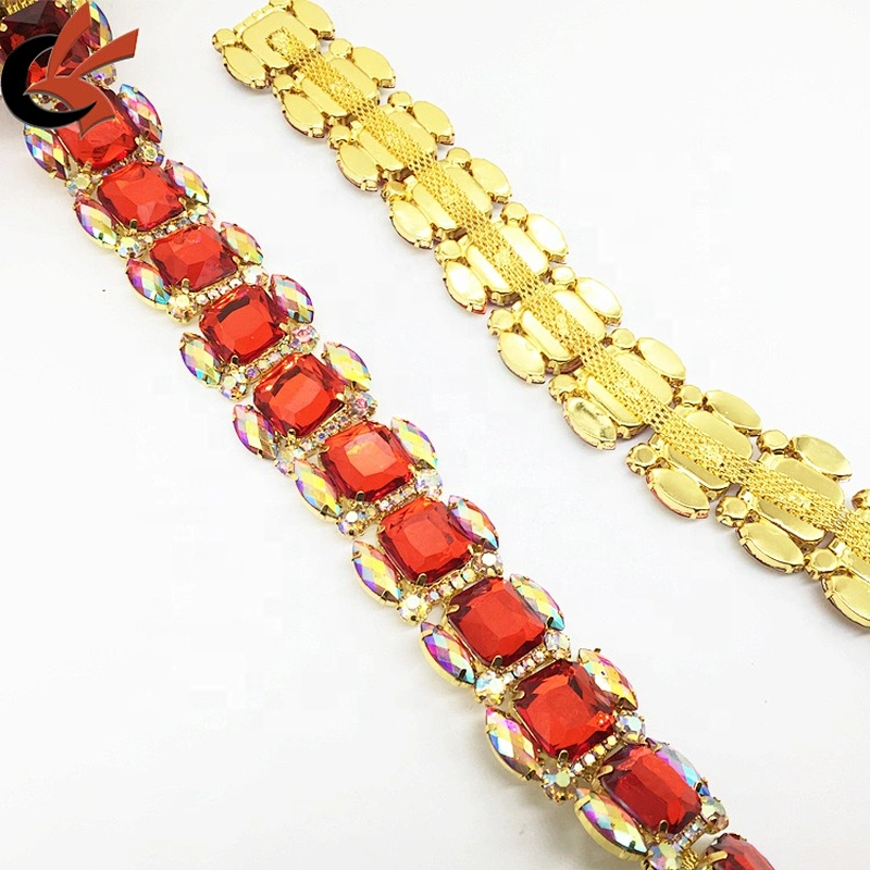 Crystal Rhinestone Gold Setting Red Beads Bridal Trim Square Stones Rhinestone Chain Trims