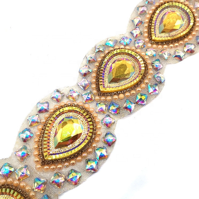 Iron On Resin Trimming Supplier Gold Resin pearl rhinestone trim