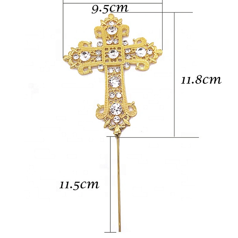 Religious Wedding Baptism Christening Decorative Gold 9.5*11.8cm Crystal Rhinestone Cross Cake Topper