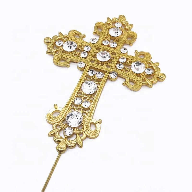 Religious Wedding Baptism Christening Decorative Gold 9.5*11.8cm Crystal Rhinestone Cross Cake Topper