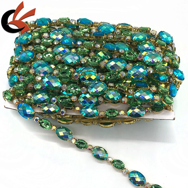 Factory Customized Green AB crystals oval shape rhinestone chain trimming for carnival dress decoration
