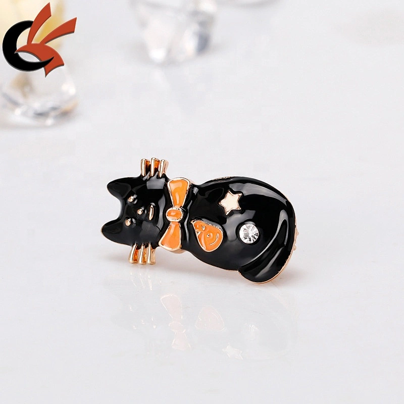 Funny halloween lovely black cat enamel brooch with clear crystal rhinestone decoration