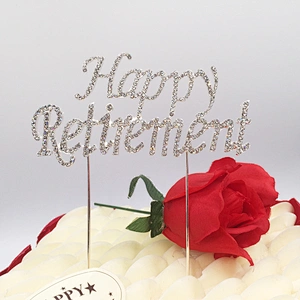 2018 new party products gold/siver rhinestone happy retirement cake topper for copmany employee celebration