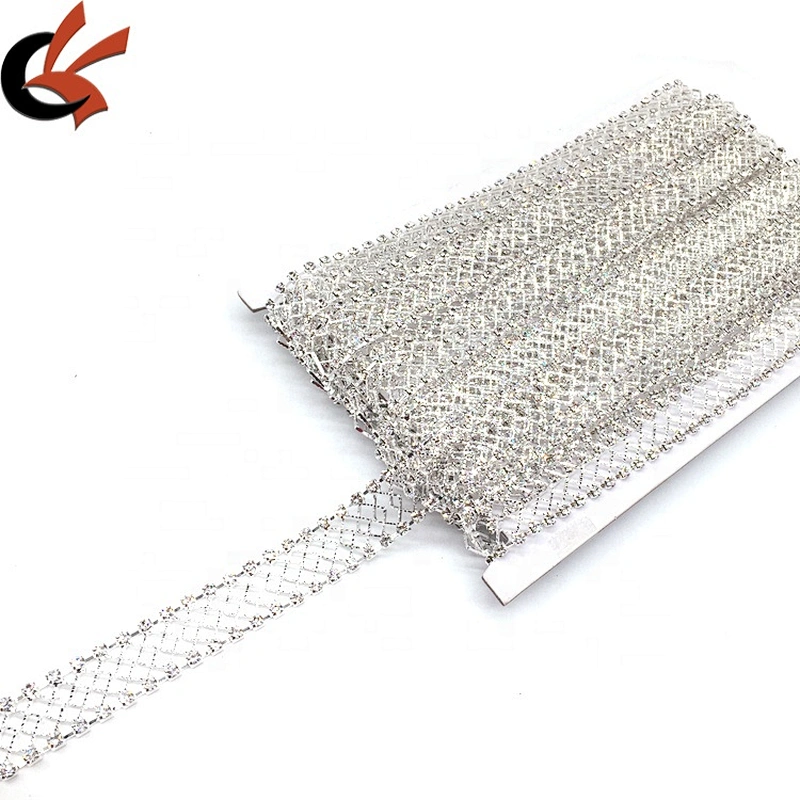 Wholesale fashion crystal mesh design silver decorative rhinestone fabric trim