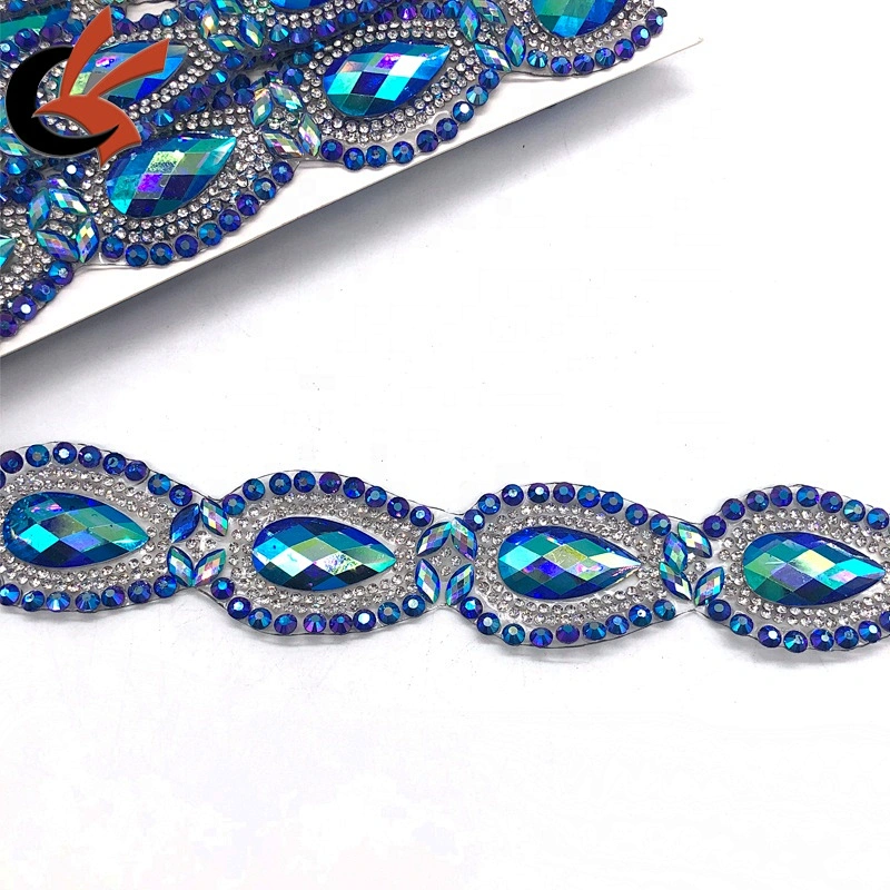 Carnival dress decoration blue AB teardrop shape iron on fancy rhinestone trims