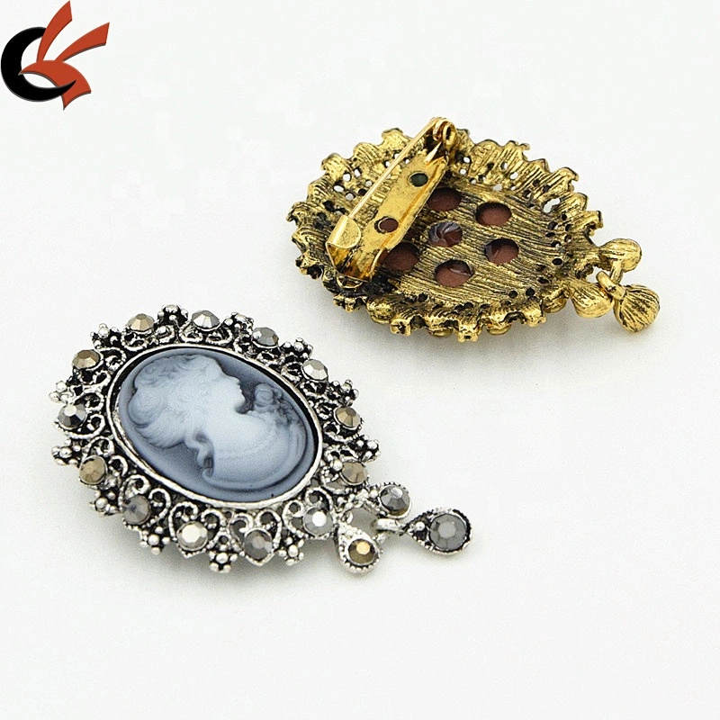 Hot Selling Vintage Beauty Head Brooch Collar Pin Queen Victoria Avatar Rhinestone Cameo Brooch Pin