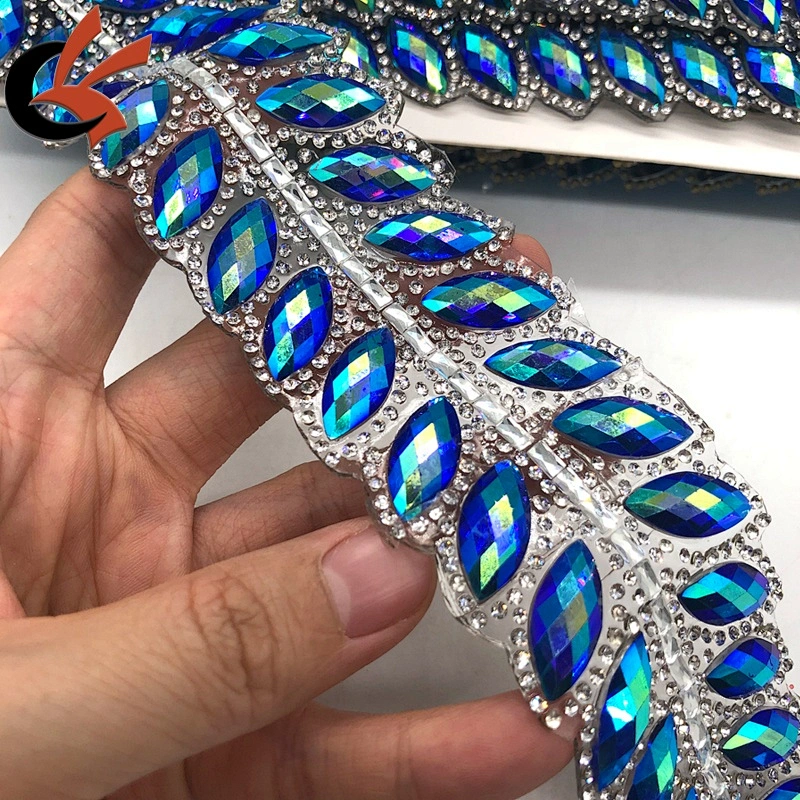 Carnival Embellishment blue AB leaf shapes hot fix rhinestone motif trim