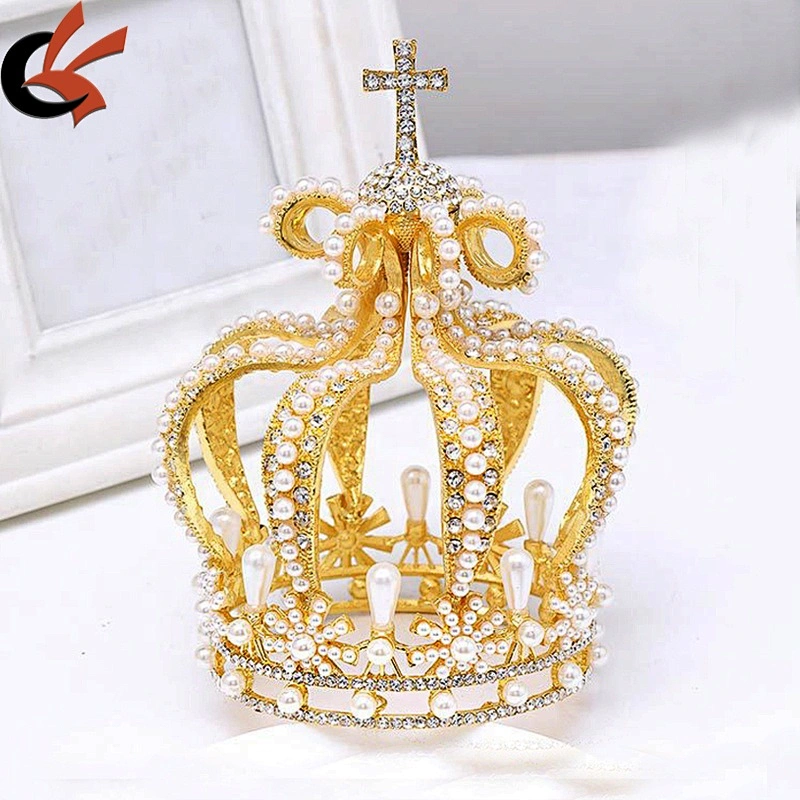 New alloy rhinestone big baroque retro headdress birthday party queen wedding cross pearl bead crowns
