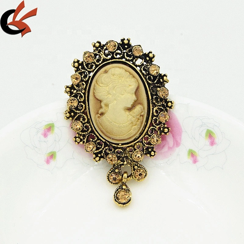 Hot Selling Vintage Beauty Head Brooch Collar Pin Queen Victoria Avatar Rhinestone Cameo Brooch Pin