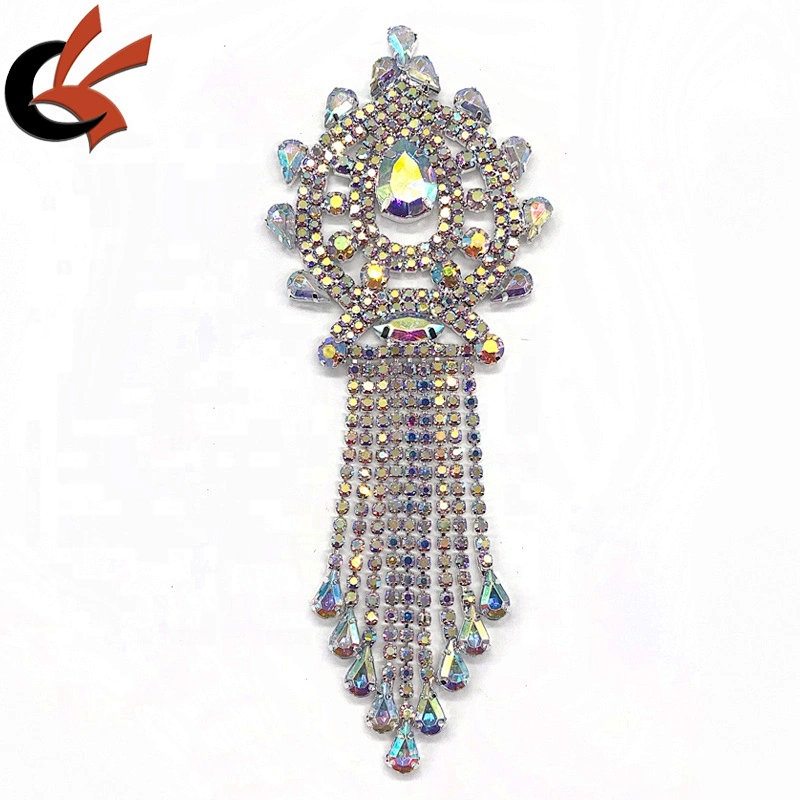 Shining silver base AB clear crystal sewing rhinestone tassel appliques