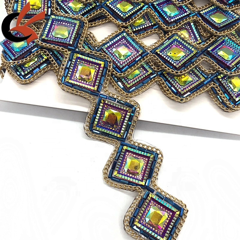 Factory direct sales New arrival metal chain resin rhinestone fancy hot fix tape trimming