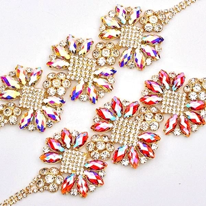 Custom Design Beaded Rhinestone Applique Patch Gold Claw Crystal Flower Applique Sewing Flatback Glass Crystal Chain
