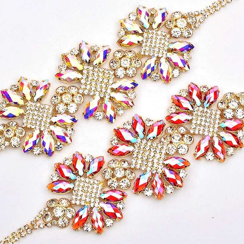 Custom Design Beaded Rhinestone Applique Patch Gold Claw Crystal Flower Applique Sewing Flatback Glass Crystal Chain