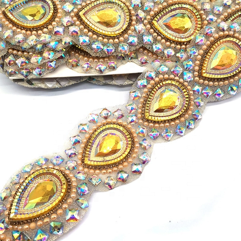 Iron On Resin Trimming Supplier Gold Resin pearl rhinestone trim