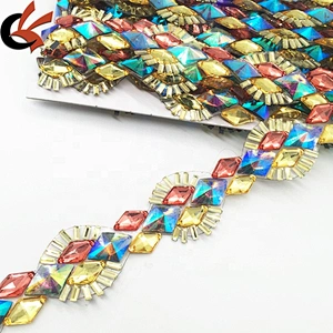 Hot Sale Women Dancing Dress Decoration Colorful Gemstone Flashing Hot Fix Rhinestone Motif Trimming Chain